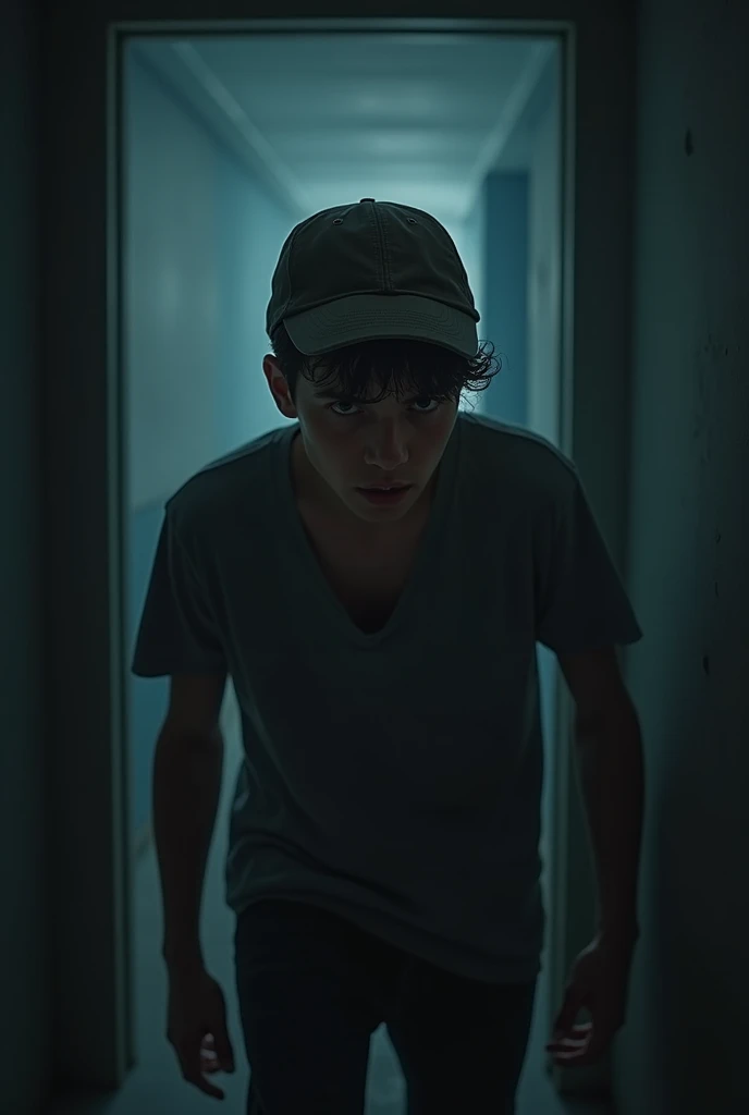 a scared young man wearing a baseball cap in a hallway, nightmare 