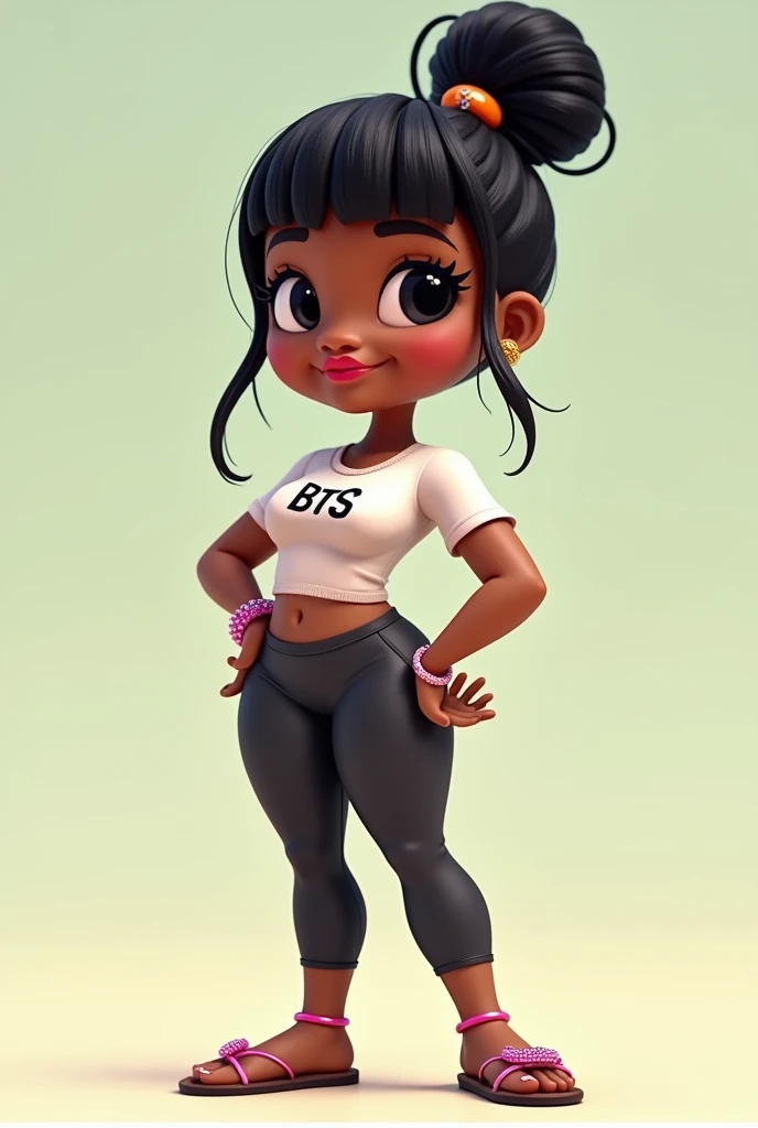 Create a cartoon-style doll, with the following characteristics: with big butt, dark-skinned girl wearing BTS t-shirt, flip-flop sandals, straightened hair tied up in a bun with a beaded BTS bracelet, leggings, and short hair