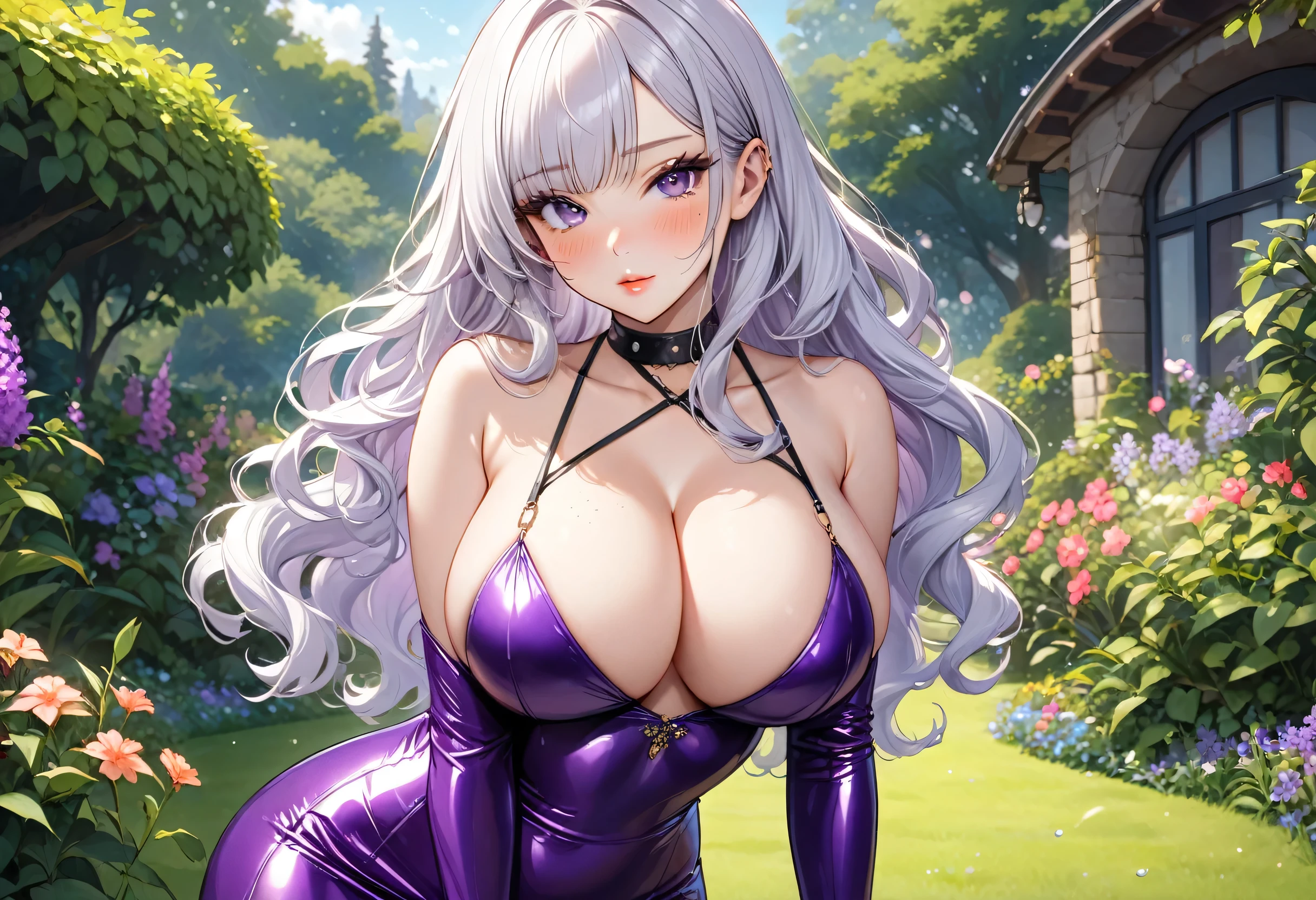 ((Best quality)), ((masterpiece)), (detailed: 1.5), ((ultra, 8k)). Beautiful woman, one girl, very detailed eyes, very detailed hair, very detailed clothes, very detailed face, 25 years old. ((Purple eyes)), ((white hair, wavy hair, long hair, long bangs)), pale skin, normal ears, ((purple latex dress)), (stockings), ((large breasts)), cleavage, sexy, choker, beautiful eyelashes, eyeliner, sultry eyes, juicy lips, plump lips, soft blush, smooth skin, freckles, dolly face, arched eyebrows. Looking at viewer, garden background, standing provocatively.