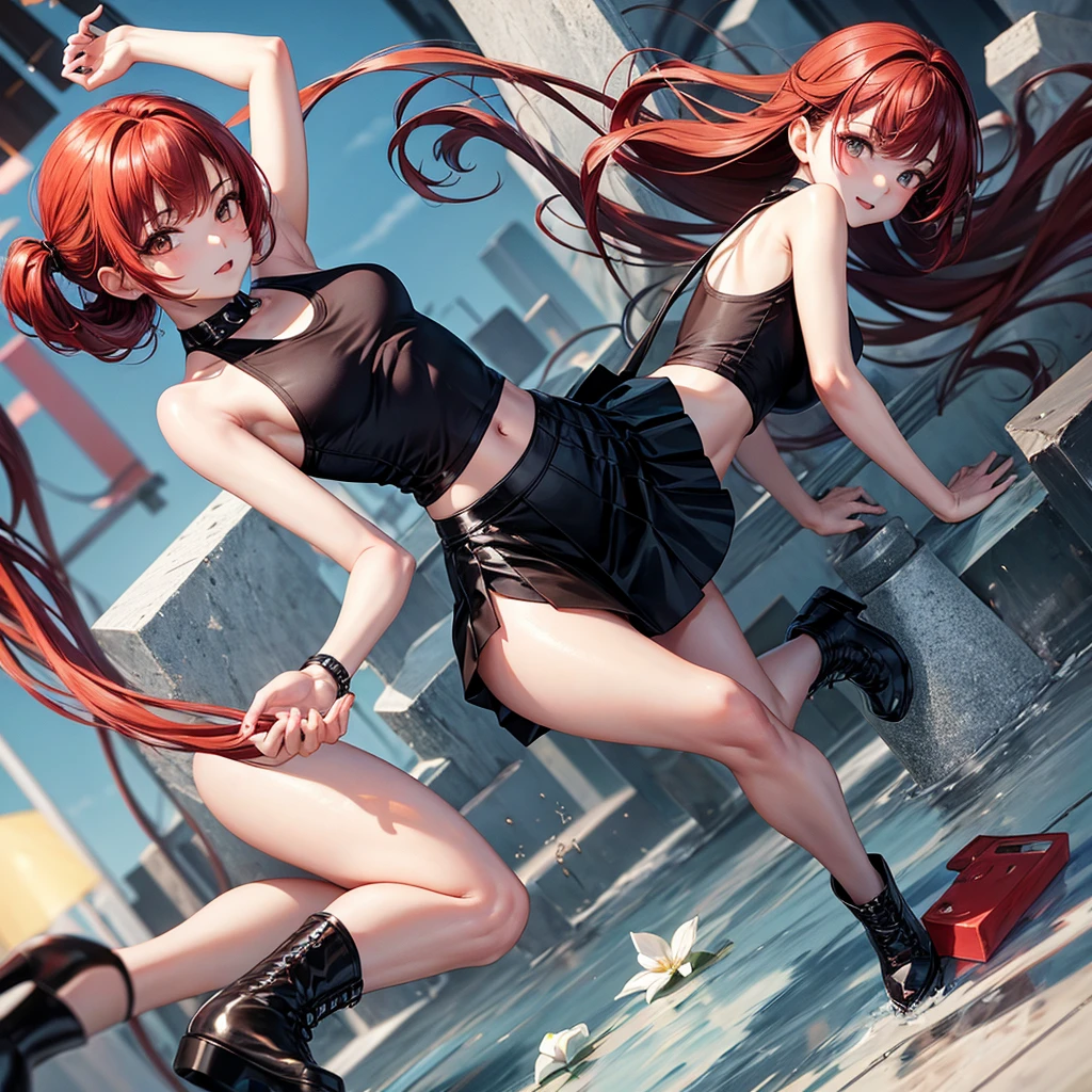 An eighteen year old Korean girl with white skin., brown eyes and red hair, wearing a black tank top and a mini skirt with black heeled boots