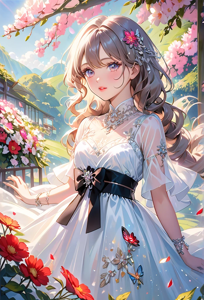 Shiny Girly Luxury Korean Doll Sheer Dress, radiant skin，Captivating detail eyes，Fluffy wavy brow hair hanging from the waist，perfect makeup，delicate rosy cheeks，vibrant pink lips，shed delicate tears，Tears rolled down cheeks，elegant posture，Surrounded by magical gardens，Charming flowers and lush greenery，Soft and dreamy lighting，Ethereal and surreal atmosphere，Magical sparkles and glitter float around her，silver jewels adorned her neck and wrists