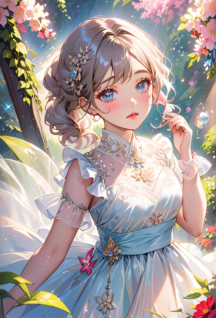 Shiny Girly Luxury Korean Doll Sheer Dress, radiant skin，Captivating detail eyes，Fluffy wavy brow hair hanging from the waist，perfect makeup，delicate rosy cheeks，vibrant pink lips，shed delicate tears，Tears rolled down cheeks，elegant posture，Surrounded by magical gardens，Charming flowers and lush greenery，Soft and dreamy lighting，Ethereal and surreal atmosphere，Magical sparkles and glitter float around her，silver jewels adorned her neck and wrists