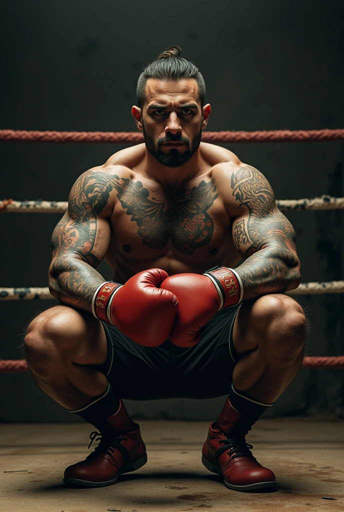 Shirtless mexican heavily tattooed boxer with boxing gloves in ring sitting down