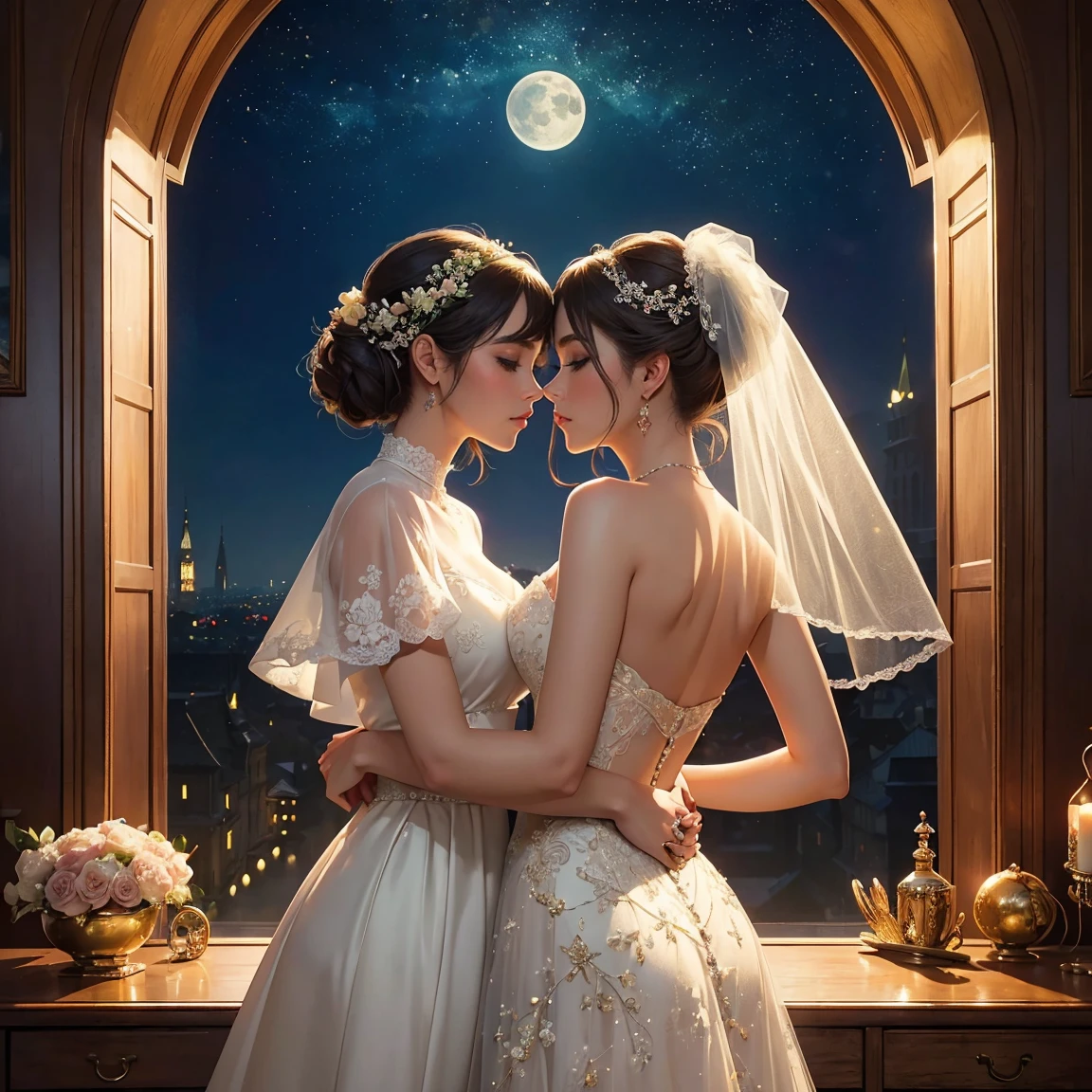(masterpiece, highest quality, official art, beauty and aesthetic:1.5), perfect anatomy, two stunning bride is deeply in love with each other, kiss, romantic atmosphere, flower and moon, magnificent panorama view