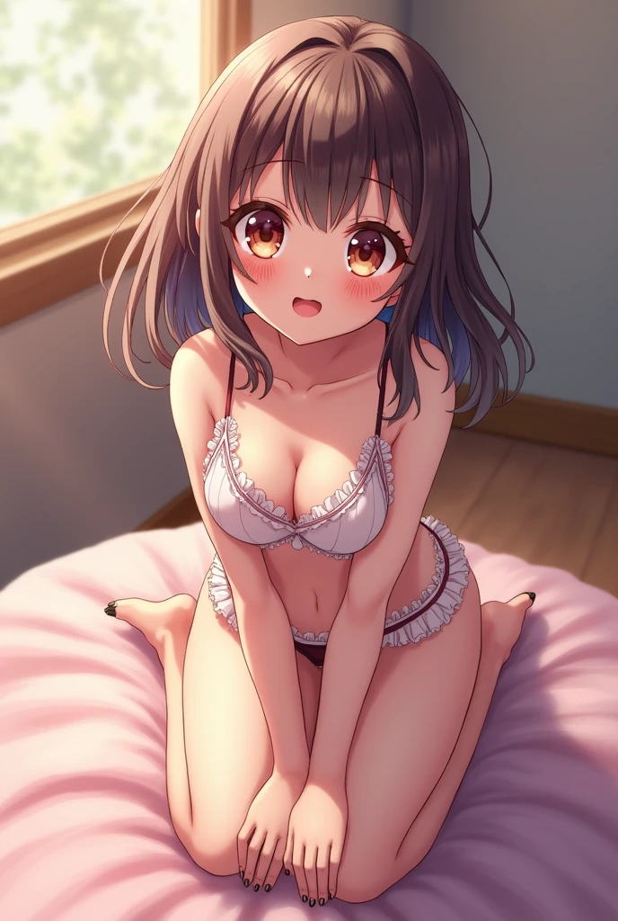 anime、cute、Tabletop、High resolution、One Girl、Hair length、Dirty body、Underwear only、Frilled Lingerie、Kneel、Look up at me、smile