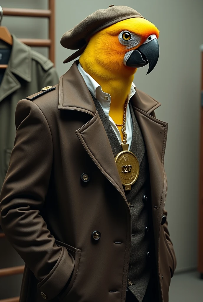 Create a man with the face of a yellow macaw, looking a little to the right from his point of view, with a cap backwards and a symbol saying 3500, wearing a dark brown overcoat, with a white shirt and a large gold necklace that says F2P. Pay attention to the details of the cap and the cord and the clothes rack
