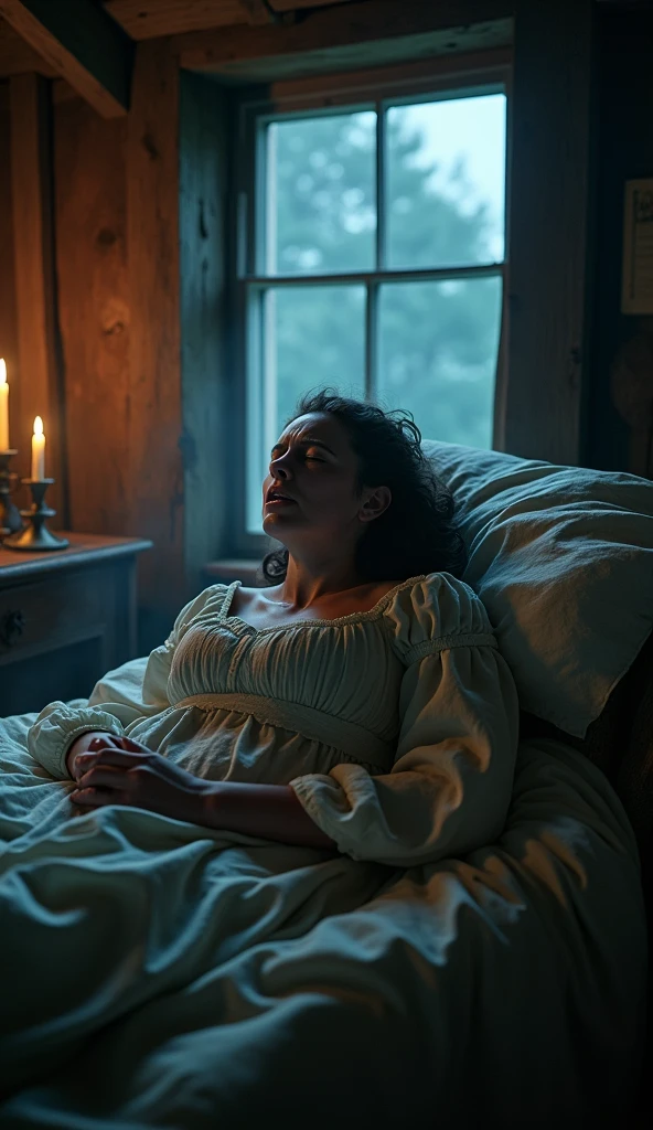 A distressed woman in 18th-century clothing giving birth in a dimly lit cabin, with a fierce storm visible through the windows cinematic bright