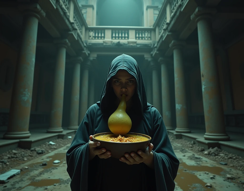 the image takes place inside a large palace, dark and abandoned, must convey an air of danger and distrust, , First-person view of someone drinking a nutrient-rich soup from a gourd in one gulp., securely holding a bowl with two hands