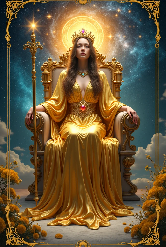 
tarot card


Title: The Empress - Galactic Majesty

Description:

The "The Empress" card shines in a stunning celestial setting, featuring a figure draped in a golden cloak adorned with jewels that reflect the colors of the cosmos. She is seated on a throne of crystal and gold, surrounded by a landscape of nebulas and stars. Cosmic flowers and plants in shades of green and gold bloom around her. The Empress holds an elegant scepter, and her presence radiates serenity and abundance, reflecting the creative and nurturing energy of the card.

Key Elements:

Golden cloak.
Throne of crystal and gold.
Nebulas and stars.
Cosmic flowers and plants.
Elegant scepter.
Aura of serenity.





