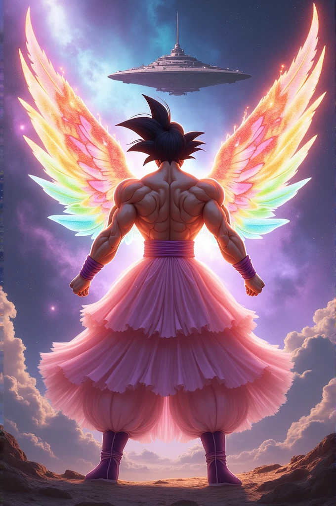 Goku transformed into Super Saiyan 4, wearing a ballerina outfit with pink clothes, colorful angel wings and in the background, Frieza's spaceship in front of a nebula