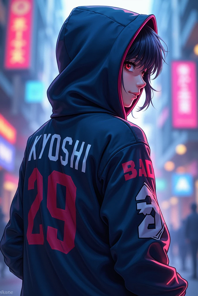 Create a professional player with, A jacket that covers their head that says kiyoshi from the back, that has an anime-like animation and the mobile legends game in the background