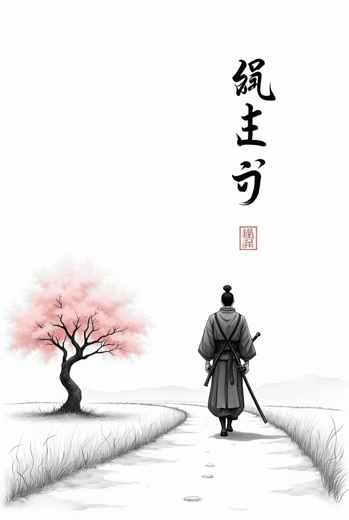 black and white drawing in Japanese style, Samurai in the distance (man, adult person) with a sword at his waist walking on a path through a field, a single pink cherry blossom tree nearby, The picture above shows a Japanese kanji "quiet". Everything is harmonious around