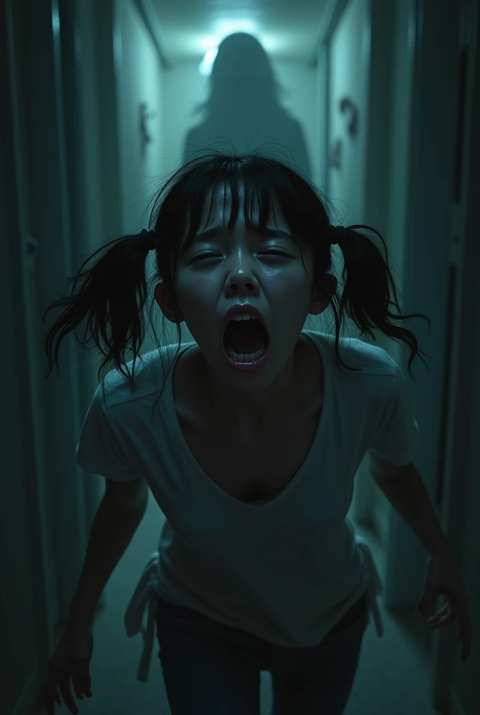 a terrified young Asian woman with pigtails in a hallway, nightmare