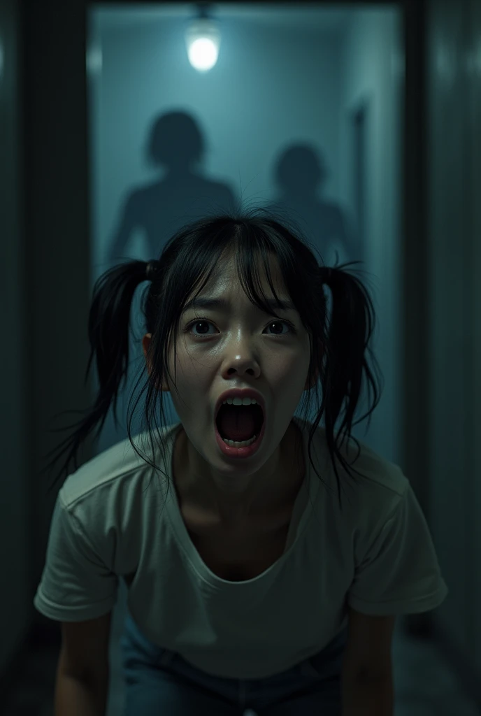 a terrified young Asian woman with pigtails in a hallway, nightmare