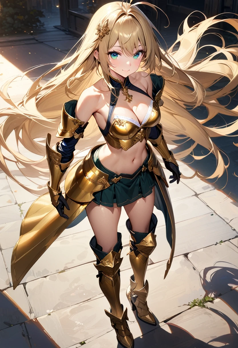 (masterpiece),(best quality),(ultra-detailed),(best illustration),(best shadow),(absurdres),(detailed background),(very aesthetic), 1girl, solo, long-hair, blonde-hair, armor, breasts, navel, boots, looking-at-viewer, cleavage, medium-breasts, armored-boots, midriff, bare-shoulders, simple-background, antenna-hair, high-heels, green-eyes, standing, hair-ornament, gauntlets, greaves, skirt, gloves, collarbone, blue-eyes, very-long-hair, aqua-eyes, high-heel-boots, floating-hair, smile elbow-gloves, ((golden armor)), ultra ornamental details, white details
