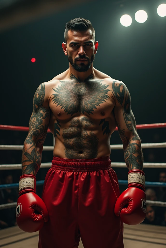 Shirtless 23 year old Mexican heavily tattooed boxer with boxing gloves in ring