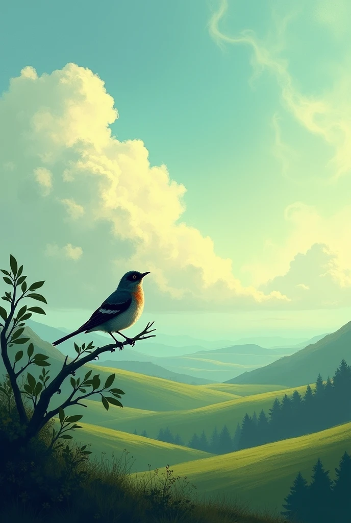 a bird singing a SAD melody in a landscape WITH BEAUTIFUL CLOUDS 
