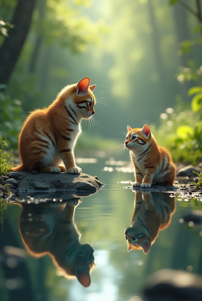 Generate a cat looking at a puddle of water and the reflection of the water puddle shows a tiger 