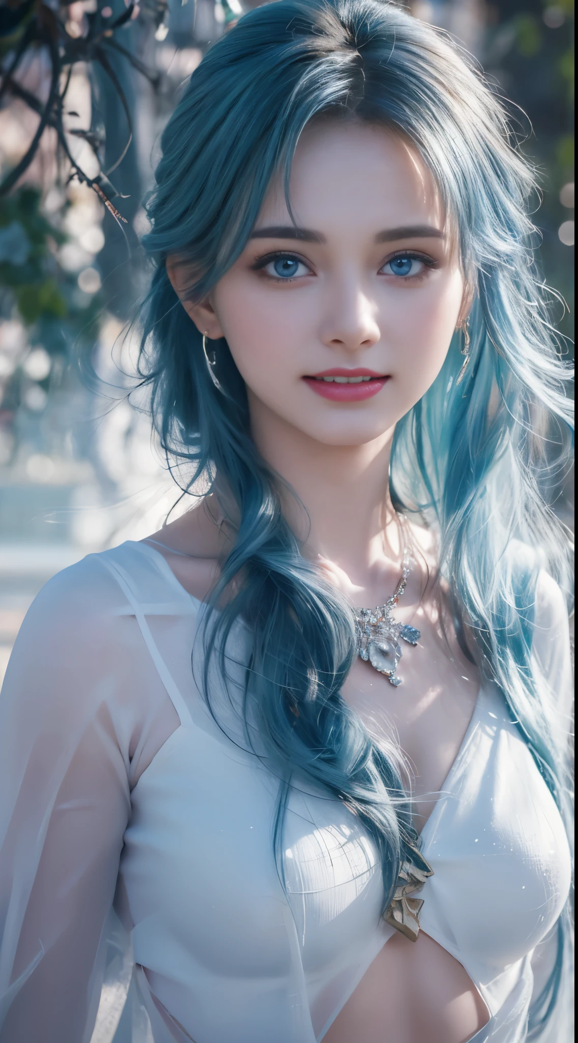 Realistic, A full portrait of a young girl, Perfect body, perfect professional pose, 20-year-old. Musical blue hair, Beautiful and realistic light blue eyes; Beautiful white teeth, Smile, Charm, Create the most beautiful and perfect face in the world, Hand-drawn, detailed, highest quality 3D 8K, Perfect white skin, Beautiful appearance, Multicolor Liquid Acrylic, Wet marble body, Michael Garmash, Daniel F. Gerhartz, Cinema Lighting, Waterfall Scenery, Volumetric lighting, Clean and smooth art, smooth pulp adventure , Gorgeous patterns, elegant organic frame, Surrealism, Masterpiece Collection, Realistic colors, Wet Gouache. Best image quality, The most detailed 8K.