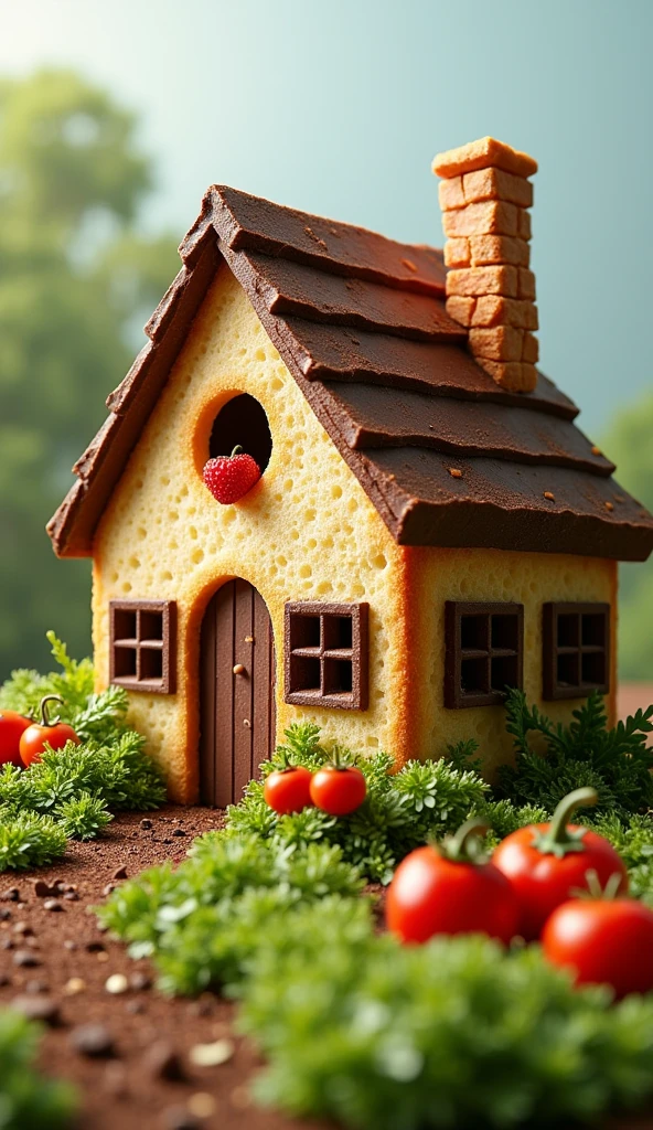 "Create a cinematic 4K image, DSLR Canon style, of a life-sized house that appears to be made of food. The house should look as if it is constructed from various types of food, such as bread for the walls, chocolate for decorative details, and vegetables for additional elements. Show the house in a natural setting with realistic details that highlight the texture and appearance of each type of food, creating a visually striking and appetizing scene."