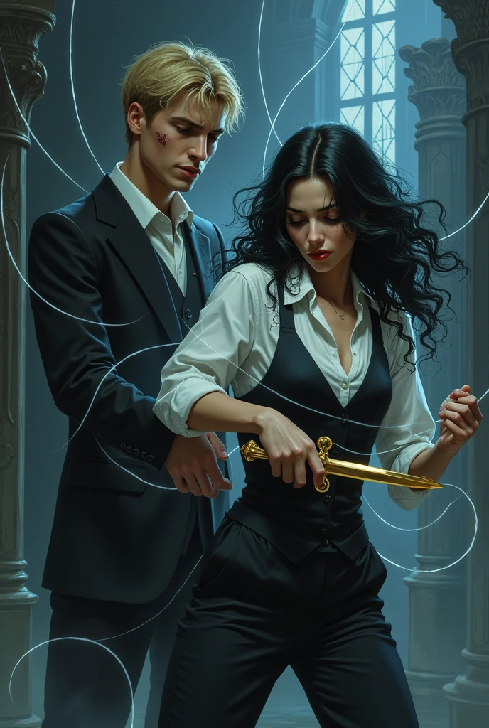Imagine a scene where there is a male figure whose face is not clearly visible, but he is using threads that come out of his hands to tie the girl's limbs to the ends of the threads, Like a puppet. The girl está tratando de liberarse y ya ha cortado algunos de los hilos con una daga dorada que tiene en la mano. The man wears a suit and has blonde hair, He looks young and has a scar on his face. The girl, He appears to be about , He wears trousers, a white shirt and a black vest, and his hair is black, wavy and reaching his shoulders. The scene takes place at night in the background of a mansion. The girl's expression shows a mixture of anger and sadness as she tries to break free.