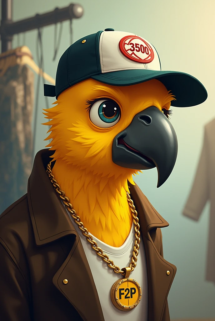 Create a man with the face of a yellow macaw, looking a little to the right from his point of view, with a cap backwards and a symbol saying 3500, wearing a dark brown overcoat, with a white shirt and a large gold necklace that says F2P. Pay attention to the details of the cap and the cord and the clothes rack. The image needs to be cartoonish.