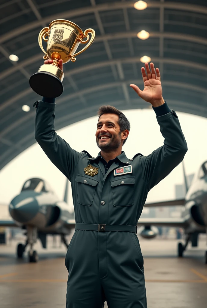 Male pilot holding a trophy in his hand celebrating 
