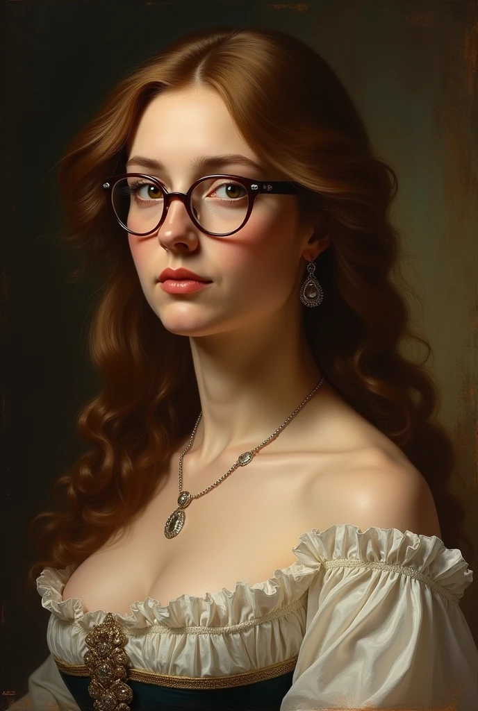 Maria Antonieta con el cabello castaño y rounder face, darker skin and brown eyes, plus glasses from that era, rounder face