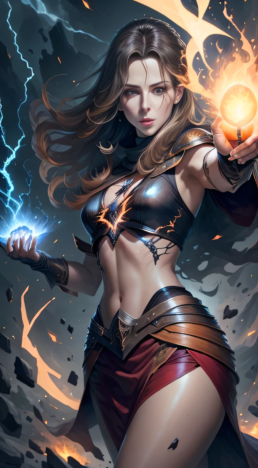 1 beautiful woman "Kate Beckinsale",(Caucasian skin), fire storm, Lightning in the hand, a skirt,glowing light eyes,light in eyes