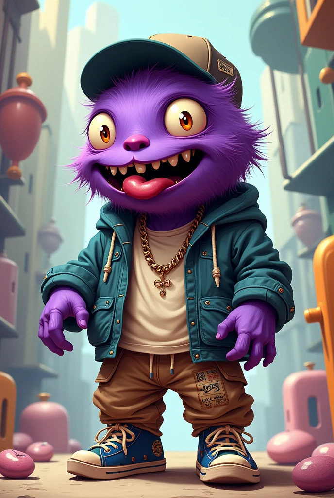 Cute little purple monster happy with mouth open and tongue out posing as if trying to scare someone in gangstar style skater clothes and cap, artwork style: Surrealism