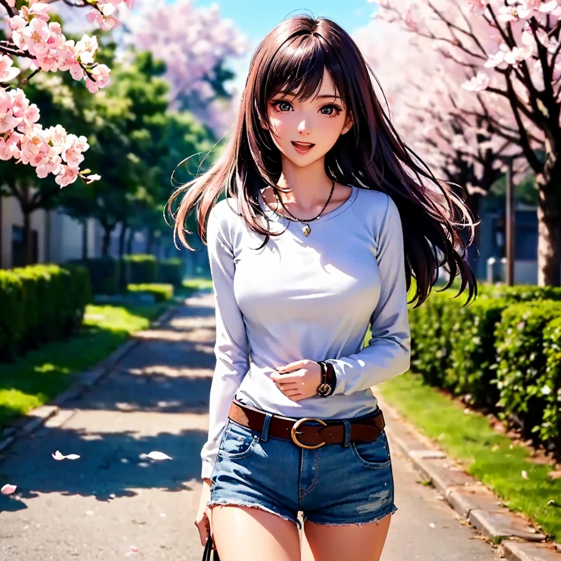 (top quality picture、masterpiece level、very high res、An ultra-high picture quality、High quality pixels)、(1girl in,She is a very beautiful woman、and she is 20 years old、1 person、Single、Beautiful beauties,Beautiful face written in detail,Beautiful body,Strong-willed eyes,beautidful eyes,Beautiful hair,Beautiful skin texture,Beautiful hair quality)、(Slender body and beautiful breasts)、(Lovely smile,Open mouth)、(Wear a sweater with long sleeves,1 diamond necklace,wearing denim shorts, belt,Wearing clothes that expose your shoulders,Beautiful legs are visible,adult-like),(A path lined with flourishing cherry blossom trees,The wind is blowing,Styling hair by hand,hair affected by wind),(Beautiful Art Style,an animated character、The whole picture、Detailed picture、accurate anatomy、Defect-free images、extremely detailed picture、Accurate images、image perfect)、(Best Shot Photo 1.2)