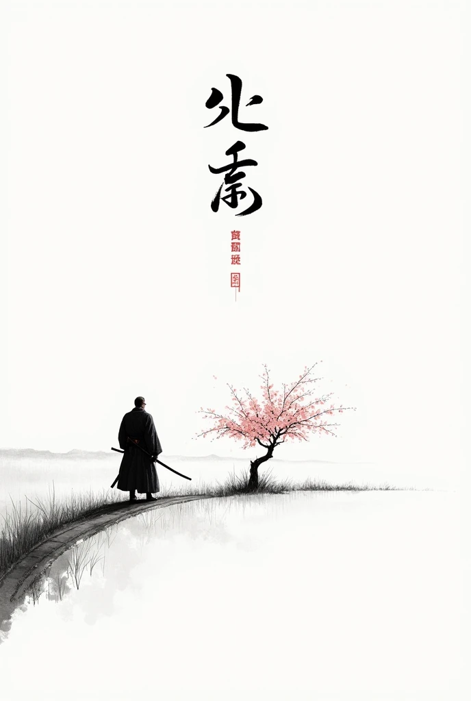 black and white drawing in Japanese style, Samurai in the distance (man, adult person) with a sword at his waist walking on a path through a field, a single pink cherry blossom tree nearby, The picture above shows a Japanese kanji "quiet". Everything is harmonious around