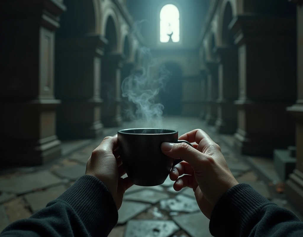 the image takes place inside a large palace, dark and abandoned,  must convey an air of danger and distrust, , First-person view of someone drinking nutrient-rich soup from a cup, holding it with both hands. 