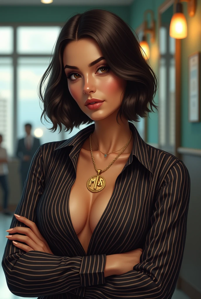 Woman 54 years old,light brown eyes ,sexy cleavage ,big breasts,chubby,striped shirt,arab features, bob style hair ,Large pendant with the letters MSM , at the public agency reception