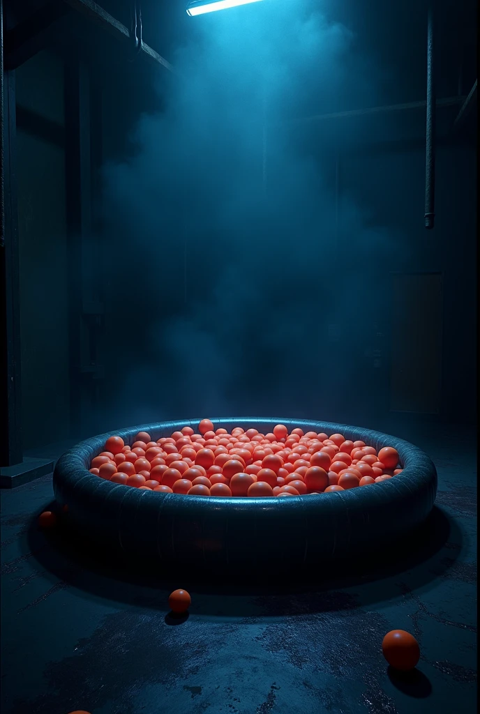 a slide with a ball pool in a dark room with no lights