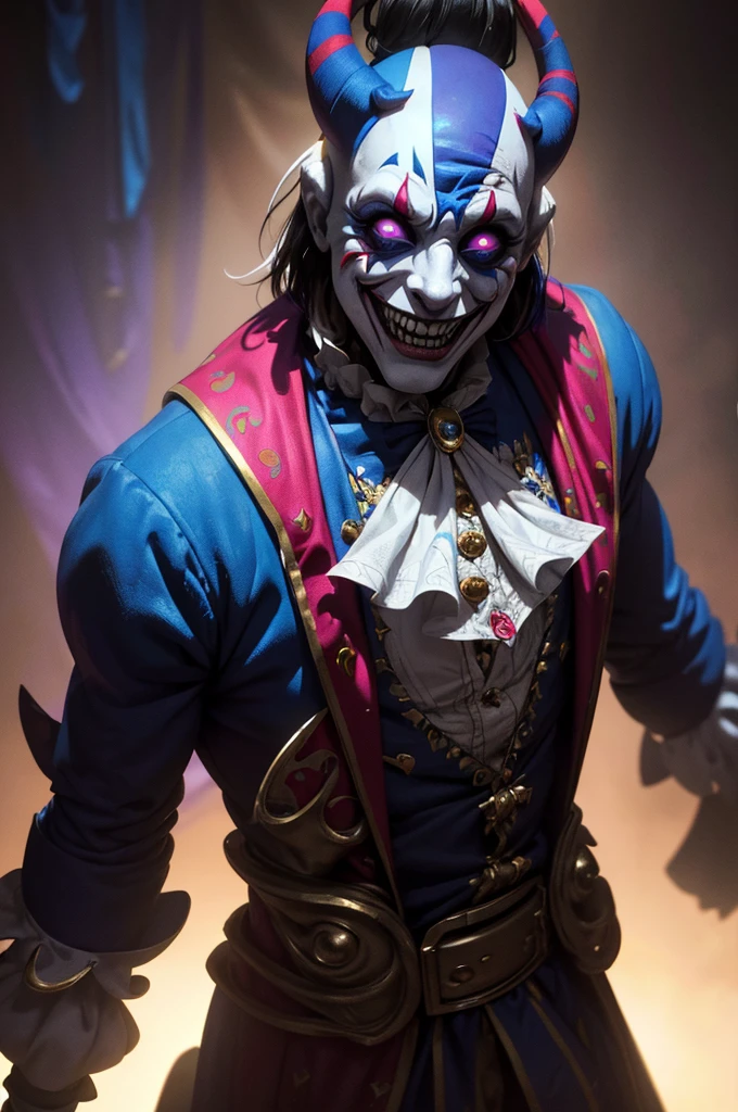 Joker cartoon style, (absurd, intricate details, masterpiece, best quality, high resolution, 8k), sinister man, laughing.detailed background, detailed face,selfie pose (V0id3nergy, empty theme:1.1) evil clown, magic robes of tattered color, (smile: 0.8), purple color scheme, dark scarlet light, streets of gotan , bright magic runes,