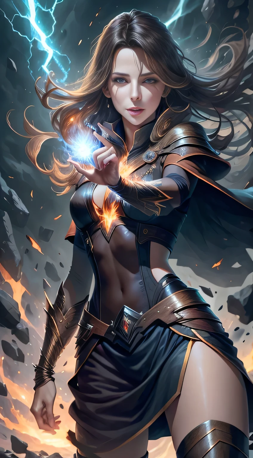 1 beautiful woman "Kate Beckinsale",(Caucasian skin), fire storm, Lightning in the hand, a skirt,glowing light eyes,light in eyes
