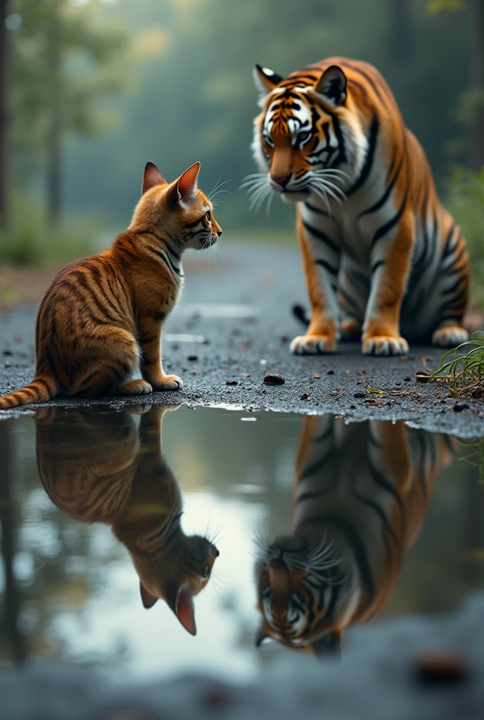 Generate only a cat looking at a puddle of water, and the reflection of the puddle with water reflects a tiger. 