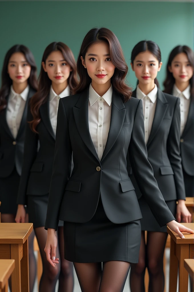 Beautiful women with long legs, wearing teacher suits, bare legs in tight skirts. All the women have different faces, two of them are Korean and Japanese. They are wearing black tights and are in a real classroom.