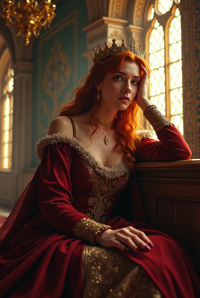 Queen in medieval clothing sitting with her hands on her head, looking to the side