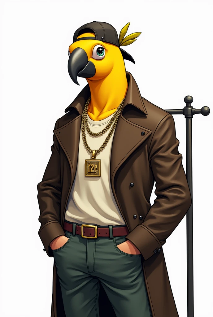 Create a man with the face of a yellow macaw, looking a little to the right from his point of view, with a cap backwards and a symbol saying 3500, wearing a dark brown overcoat, with a white shirt and a large gold necklace that says F2P. Pay attention to the details of the cap and the cord and the clothes rack. The image needs to be cartoonish. Focus on the macaw's face, so that it doesn't appear too far below its belly and the image needs to have a white background