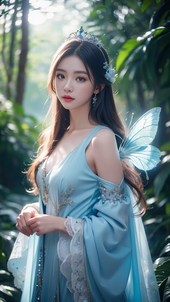 (masterpiece,best quality:1.4),(8k,raw photo,photo realistic:1.2),shiny skin,detailed skin,detailed face,detailed eyes,1girl,Japanese idol,beautiful face,(Shining Eyes:1.2),Kind eyes、smile、Symmetrical eyes、Mysterious sheer costume、Mysterious Background、Great location、Emphasized breasts、Outstanding proportions、Mysterious and sexy,Cute Face、Chinese fantasy historical drama,A flower-filled paradise,((Little Fairy))