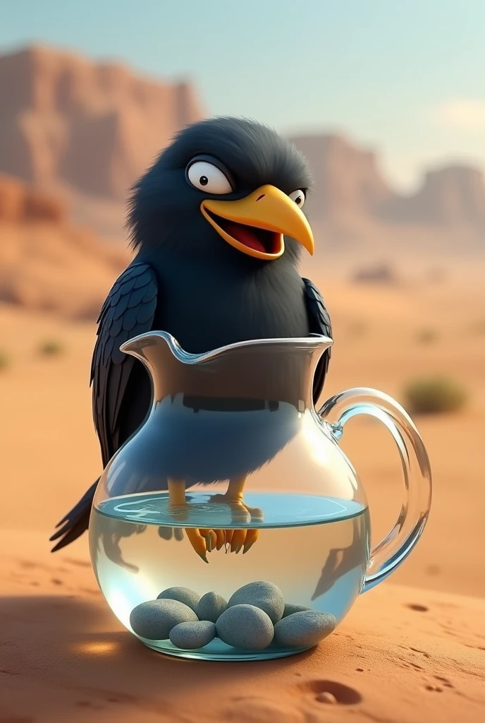 The crow happily drinking water from the pitcher, looking relieved.
The pitcher with water level touching almost top of pitcher as more pebbles are added by the thirsty crow. and the pitcher is made of transparent glass in which there are half pebbles and the water level has raised.
Make water more visible
The background is desert
Image size is 16 by 9