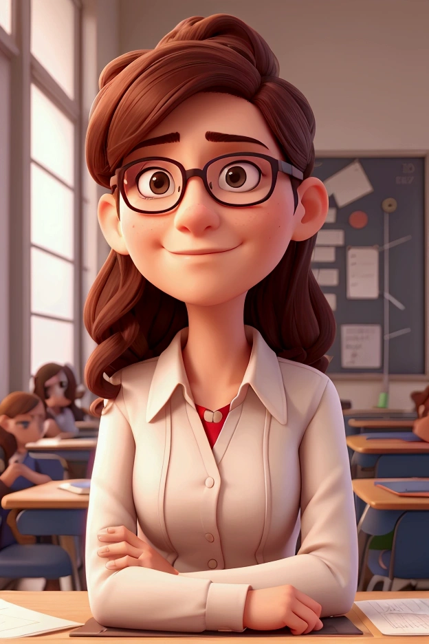 The face of a teacher wearing glasses looking to the side