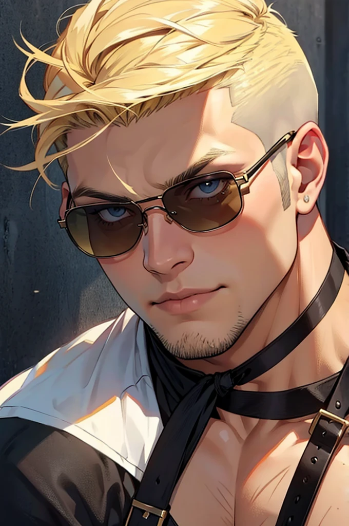 a buff man with dirty blonde shaved upper cut hair wearing sunglasses head shot
