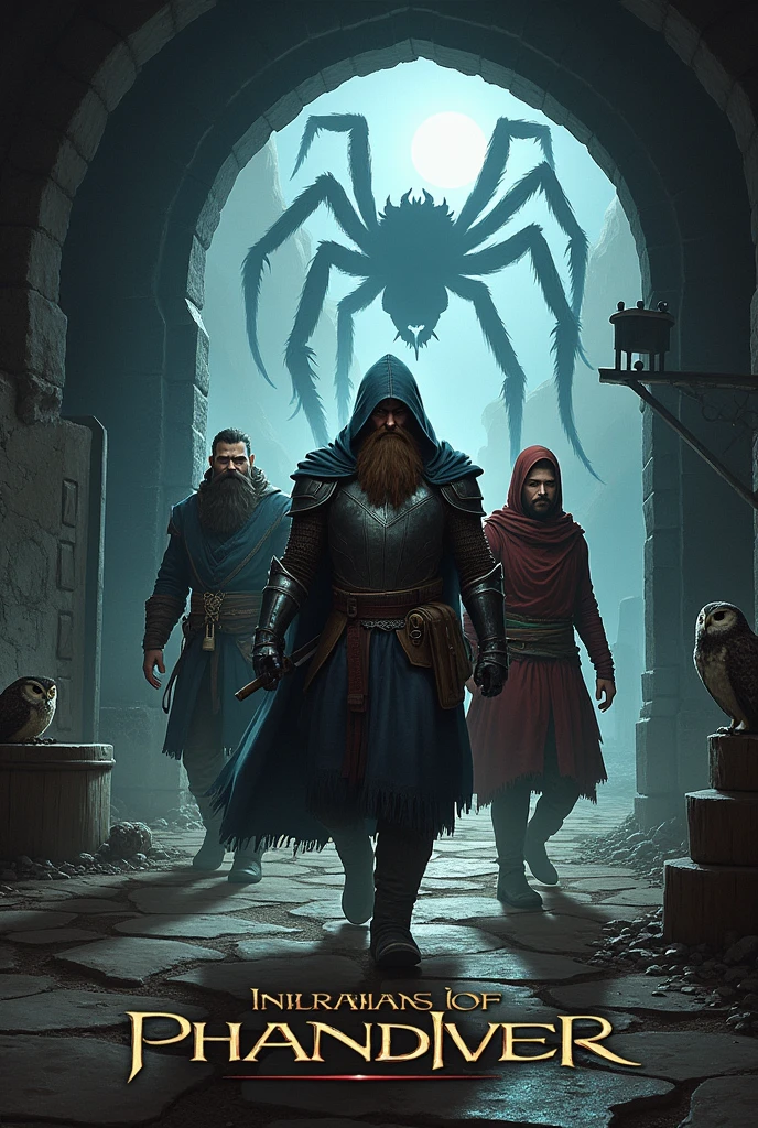 Create a movie poster using oil painting technique. The poster must bear the title of "Mines of Phandelver". It has an ominous atmosphere. There are 4 characters on the poster: a bearded dwarf in the center and to the left, in the center there is a knight in shining armor holding a broadsword, in the center and to the right there is a Kung fu monk, and in the center back there is a ninja in black clothes, cultured in the shadows. We can see a water well with an owl, an entrance to a mine, a medieval town. In the background, the silhouette of a spider can be seen behind all these elements.