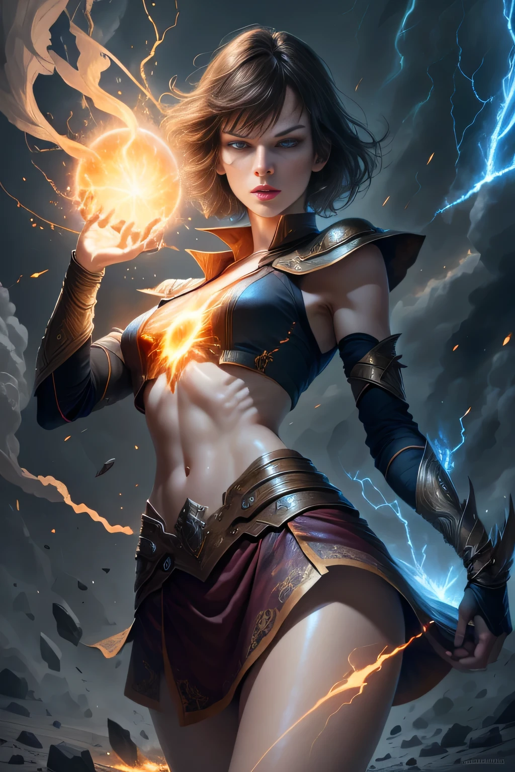 1 beautiful woman "Milla Jovovich",(Caucasian skin), fire storm, Lightning in the hand, a skirt,glowing light eyes,light in eyes