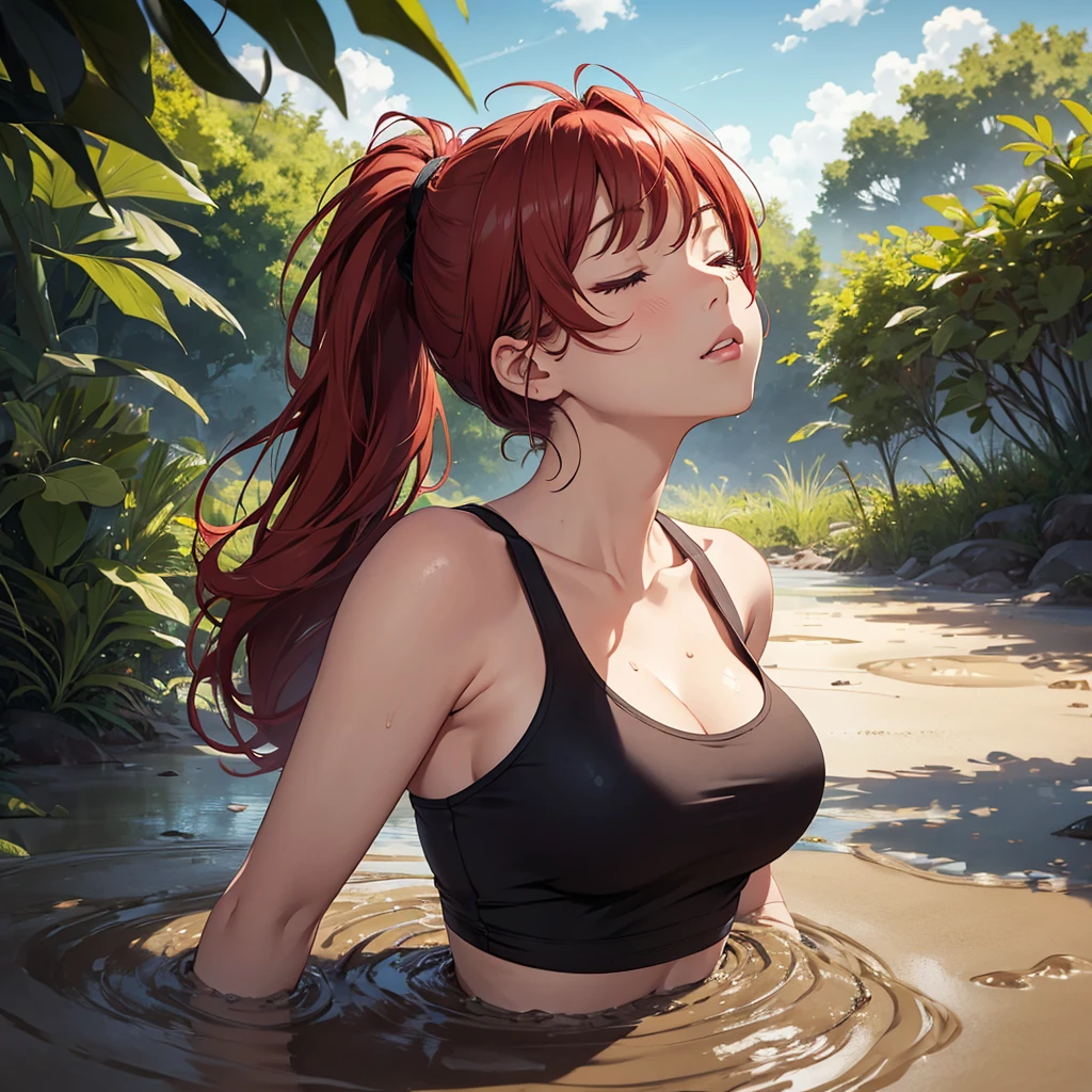 1girl, solo:1.5, masterpiece, best quality, high res, highly detailed, (illustration), beautiful detailed eyes, yuigahama yui, red hair ponytail, glossy lips, light makeup, orgasm, (looking up to the sky:1.5), intimate moment, green tank top, cleavage, (quicksand:1.4), (from side:1.4), bog, swampy, grassy, (eyes closed:1.3), gasping