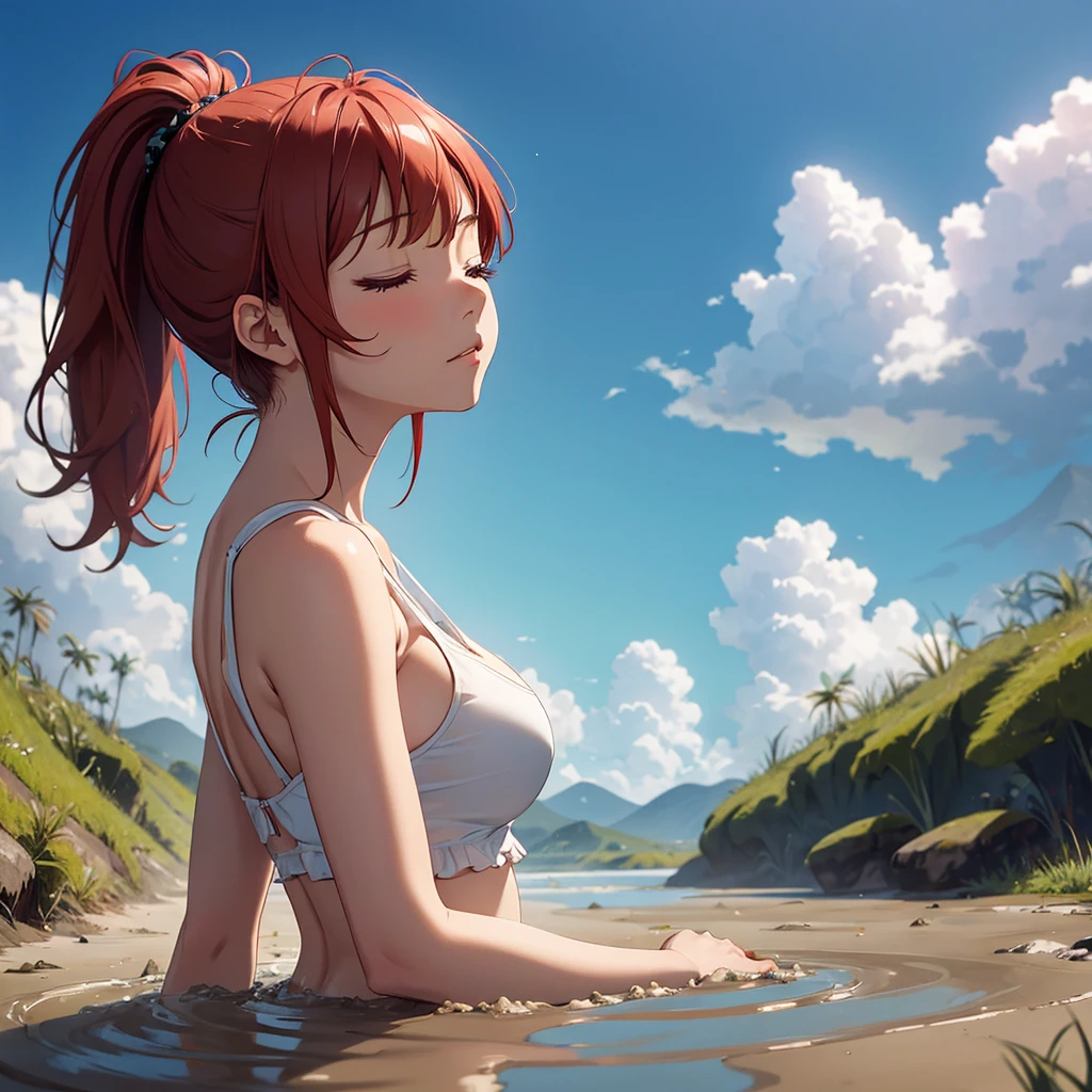 1girl, solo:1.5, masterpiece, best quality, high res, highly detailed, (illustration), beautiful detailed eyes, yuigahama yui, red hair ponytail, glossy lips, light makeup, orgasm, (looking up to the sky:1.5), intimate moment, cute tank top, visible thong underwear, cleavage, (quicksand:1.4), (from side:1.4), bog, swampy, grassy, (eyes closed:1.3), gasping