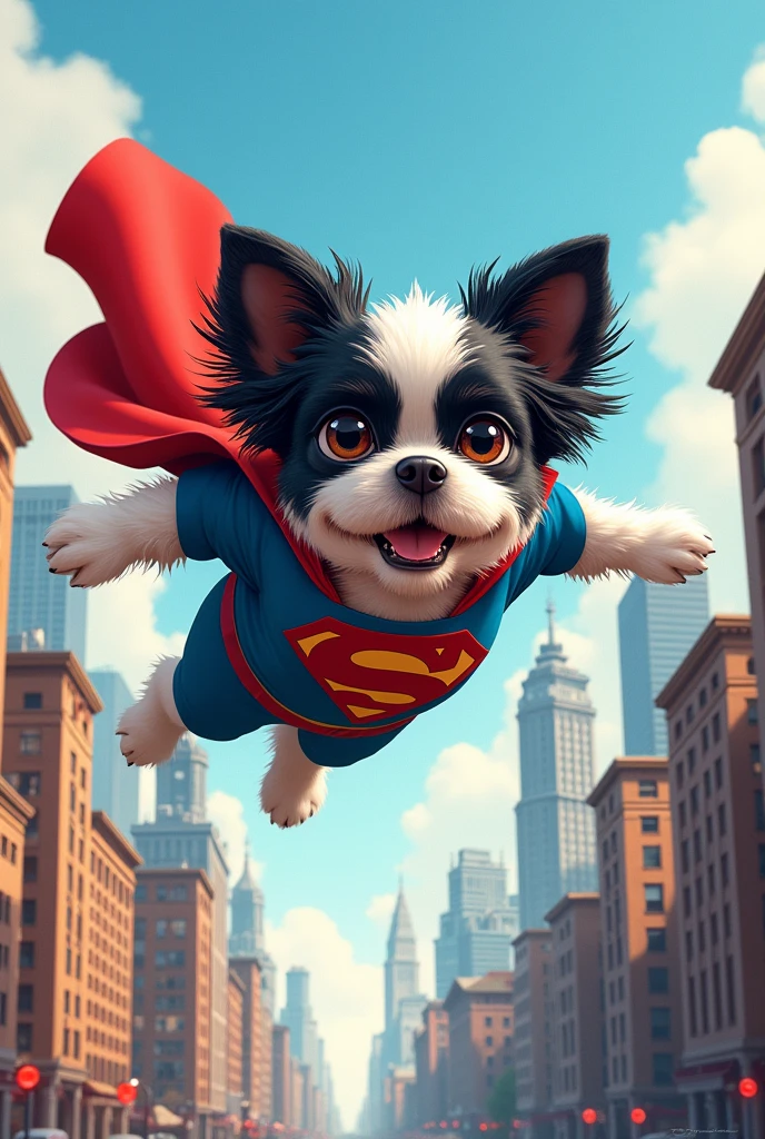 Disney Pixar style colored drawing of a black and white dog, black ears, gray near the eyes, Lhasa Apso breed, Superman costume, flying over metropolis.